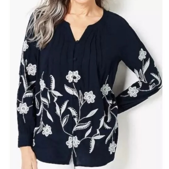 J JILL Navy Blue White Embroidered Floral Button Front Long Sleeve Large - Picture 1 of 7